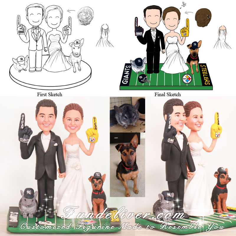 Couple Holding Up Giants and Steelers Foam Finger Wedding Cake Toppers